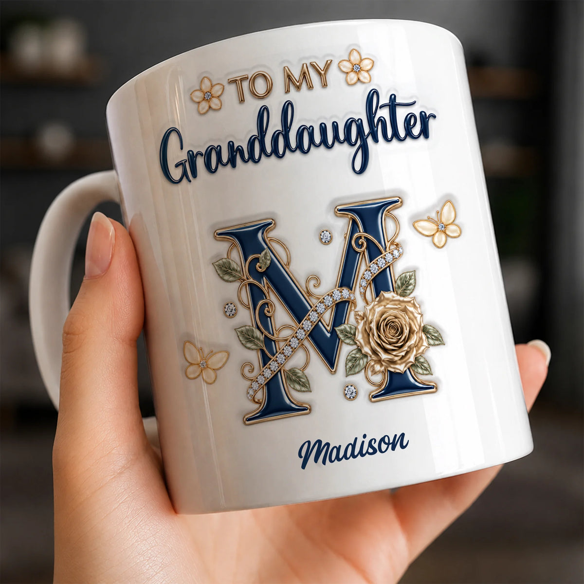 Personalized To My Granddaughter Navy Initial & Champagne Rose Ceramic Mug – Custom Name Gift from Grandma to Granddaughter