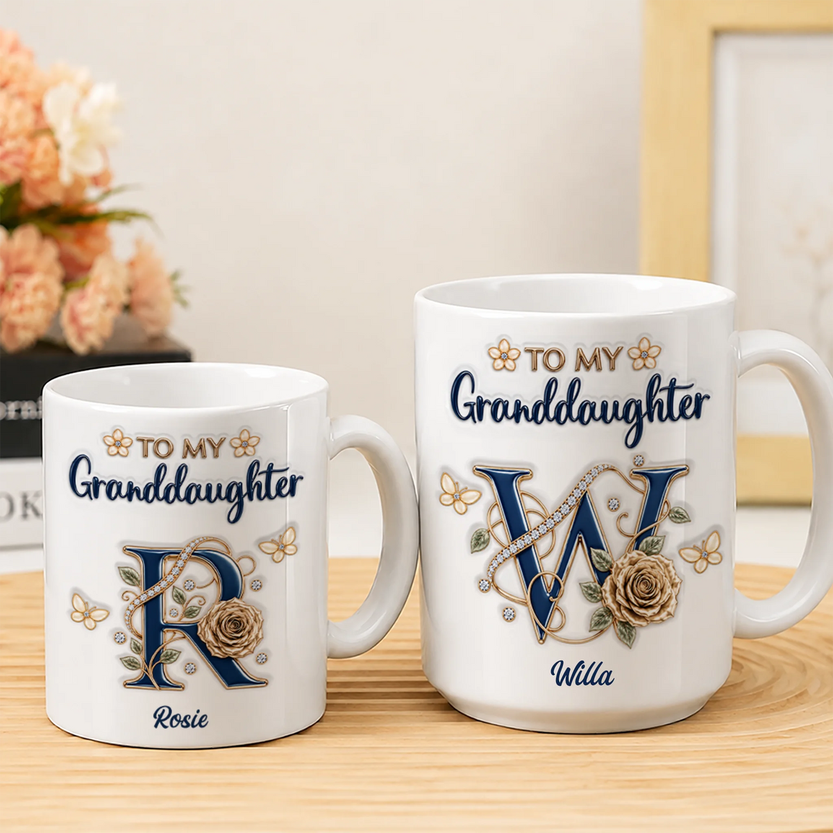 Personalized To My Granddaughter Navy Initial & Champagne Rose Ceramic Mug – Custom Name Gift from Grandma to Granddaughter