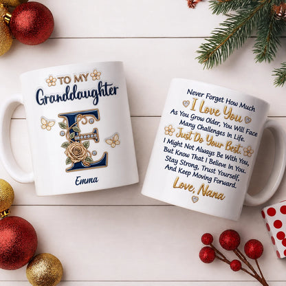 Personalized To My Granddaughter Navy Initial & Champagne Rose Ceramic Mug – Custom Name Gift from Grandma to Granddaughter