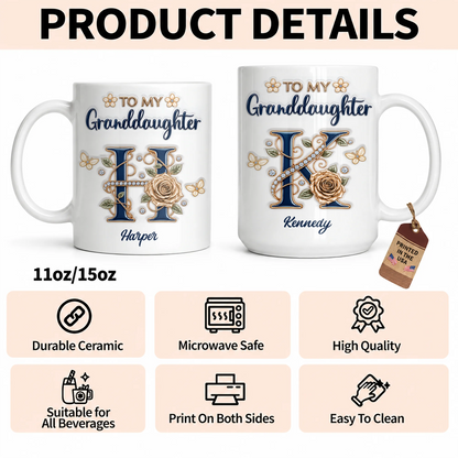 Personalized To My Granddaughter Navy Initial & Champagne Rose Ceramic Mug – Custom Name Gift from Grandma to Granddaughter