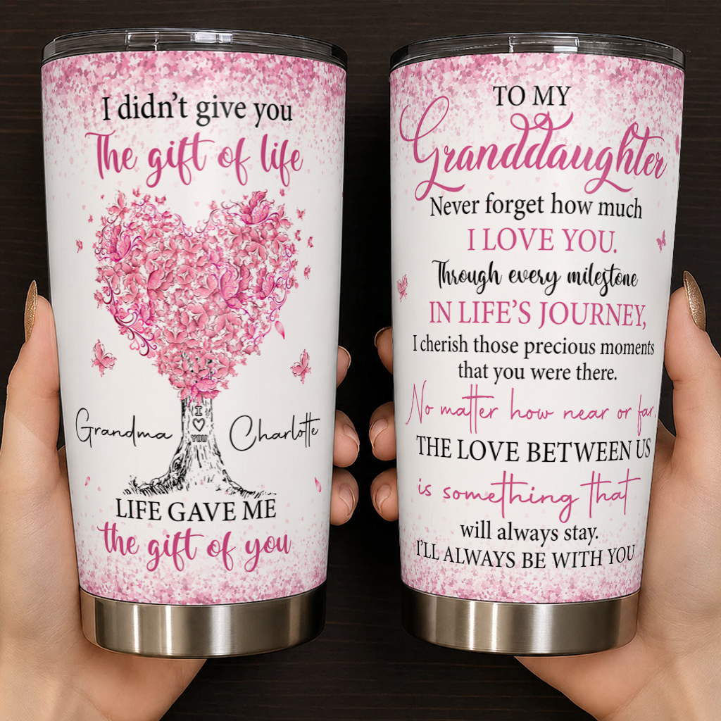 Gobelet personnalisé pour ma petite-fille en acier inoxydable de qualité supérieure de 590 ml – Cadeau pour petite-fille avec motif d'arbre aux cœurs roses et prénoms personnalisés