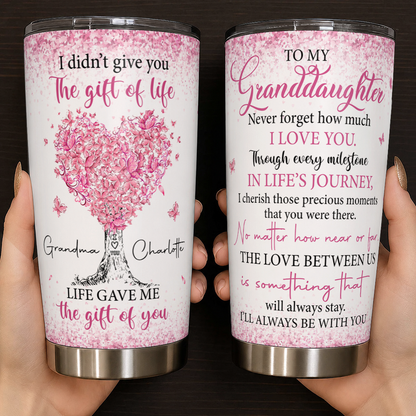 Gobelet personnalisé pour ma petite-fille en acier inoxydable de qualité supérieure de 590 ml – Cadeau pour petite-fille avec motif d'arbre aux cœurs roses et prénoms personnalisés