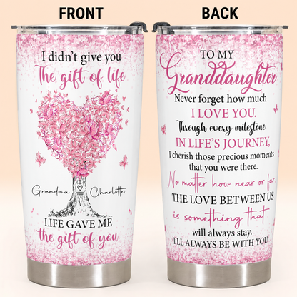 Gobelet personnalisé pour ma petite-fille en acier inoxydable de qualité supérieure de 590 ml – Cadeau pour petite-fille avec motif d'arbre aux cœurs roses et prénoms personnalisés