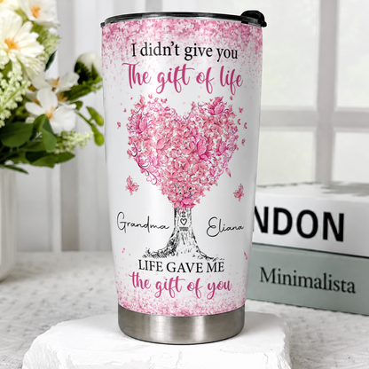 Gobelet personnalisé pour ma petite-fille en acier inoxydable de qualité supérieure de 590 ml – Cadeau pour petite-fille avec motif d'arbre aux cœurs roses et prénoms personnalisés