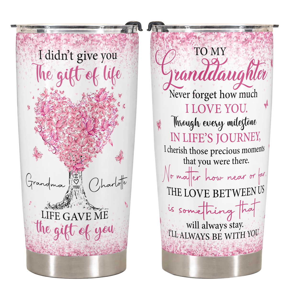 Gobelet personnalisé pour ma petite-fille en acier inoxydable de qualité supérieure de 590 ml – Cadeau pour petite-fille avec motif d'arbre aux cœurs roses et prénoms personnalisés