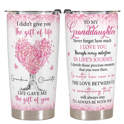 Gobelet personnalisé pour ma petite-fille en acier inoxydable de qualité supérieure de 590 ml – Cadeau pour petite-fille avec motif d'arbre aux cœurs roses et prénoms personnalisés