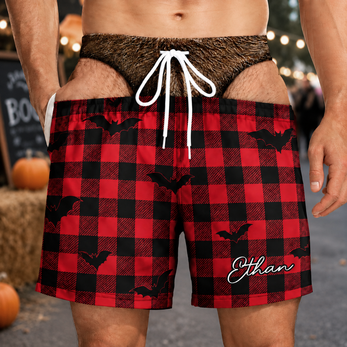 Funny Halloween Men Swim Trunks – Pumpkin Ghost Skeleton Novelty Shorts Gift for Him