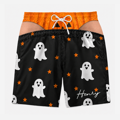 Funny Halloween Men Swim Trunks – Pumpkin Ghost Skeleton Novelty Shorts Gift for Him