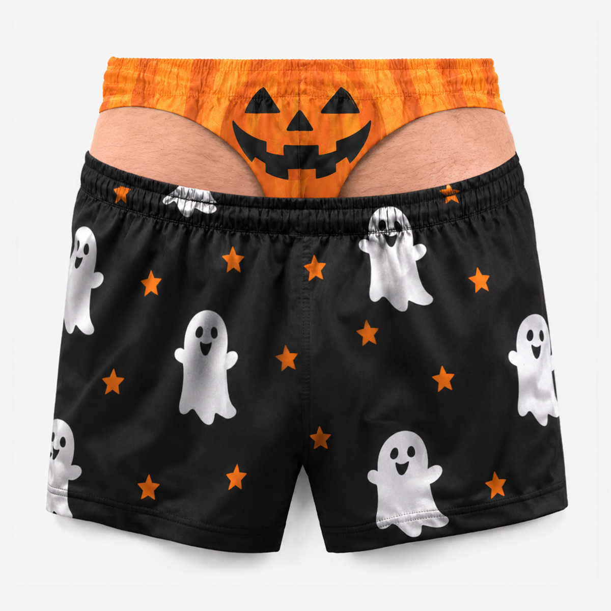 Funny Halloween Men Swim Trunks – Pumpkin Ghost Skeleton Novelty Shorts Gift for Him