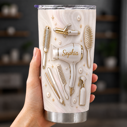 Gobelet personnalisé pour coiffeur en acier inoxydable de qualité supérieure 20 oz – Cadeau avec nom personnalisé, outils de salon effet 3D, crème doré luxe