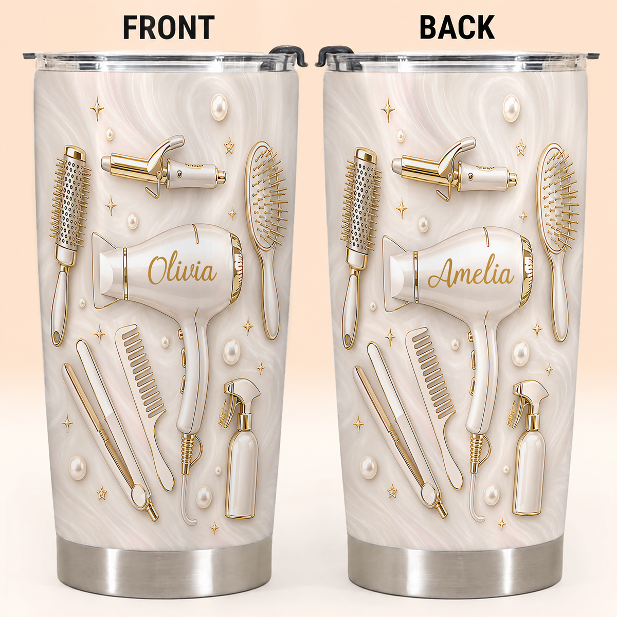 Gobelet personnalisé pour coiffeur en acier inoxydable de qualité supérieure 20 oz – Cadeau avec nom personnalisé, outils de salon effet 3D, crème doré luxe