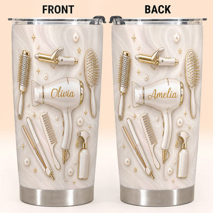 Gobelet personnalisé pour coiffeur en acier inoxydable de qualité supérieure 20 oz – Cadeau avec nom personnalisé, outils de salon effet 3D, crème doré luxe