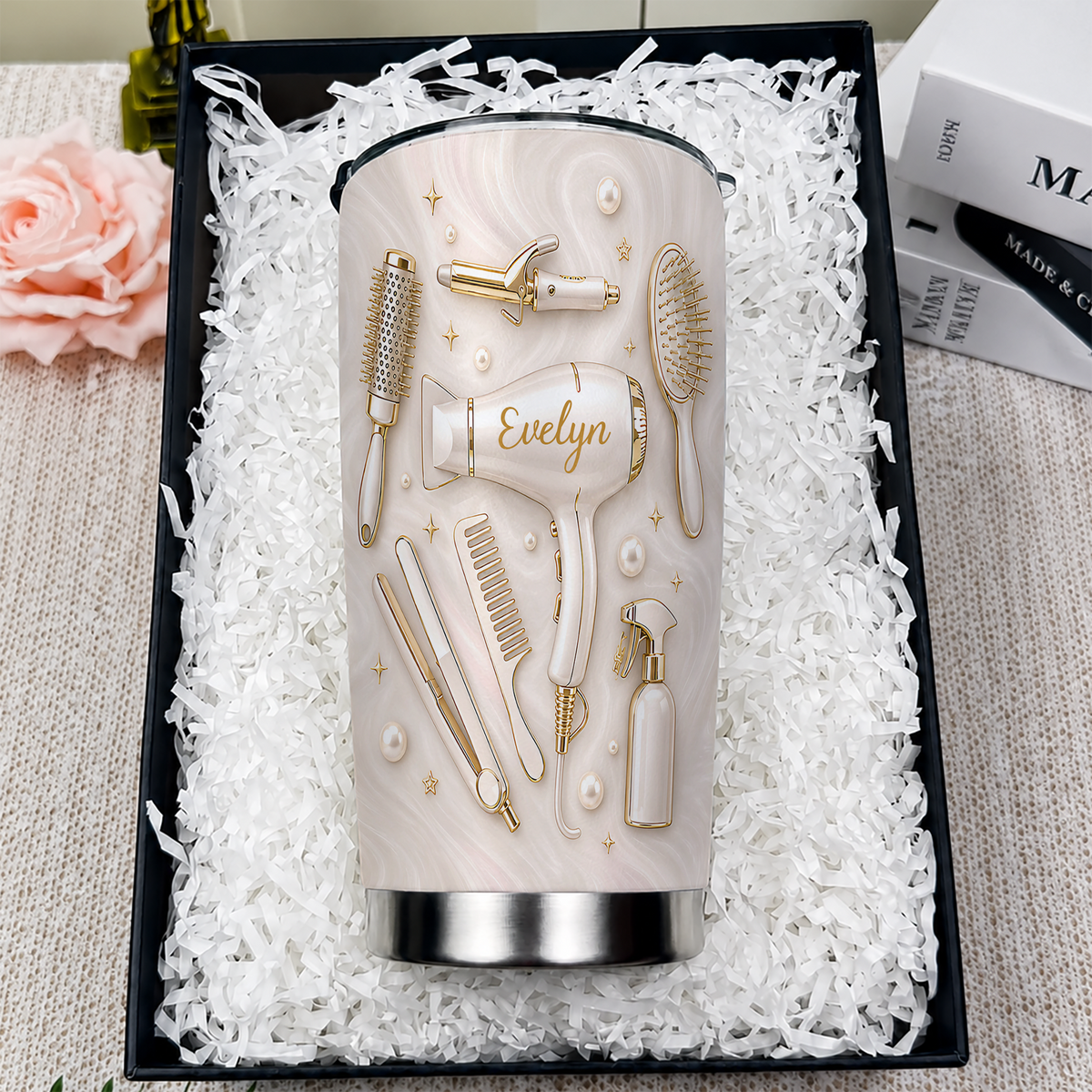 Gobelet personnalisé pour coiffeur en acier inoxydable de qualité supérieure 20 oz – Cadeau avec nom personnalisé, outils de salon effet 3D, crème doré luxe