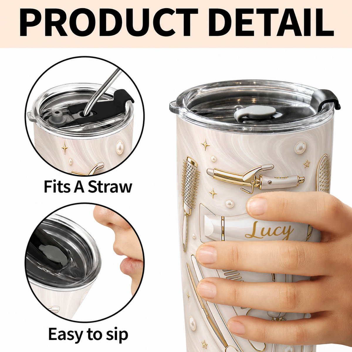 Gobelet personnalisé pour coiffeur en acier inoxydable de qualité supérieure 20 oz – Cadeau avec nom personnalisé, outils de salon effet 3D, crème doré luxe