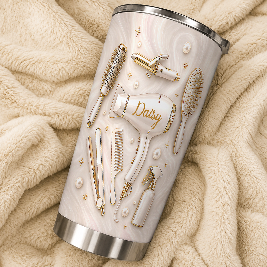 Gobelet personnalisé pour coiffeur en acier inoxydable de qualité supérieure 20 oz – Cadeau avec nom personnalisé, outils de salon effet 3D, crème doré luxe
