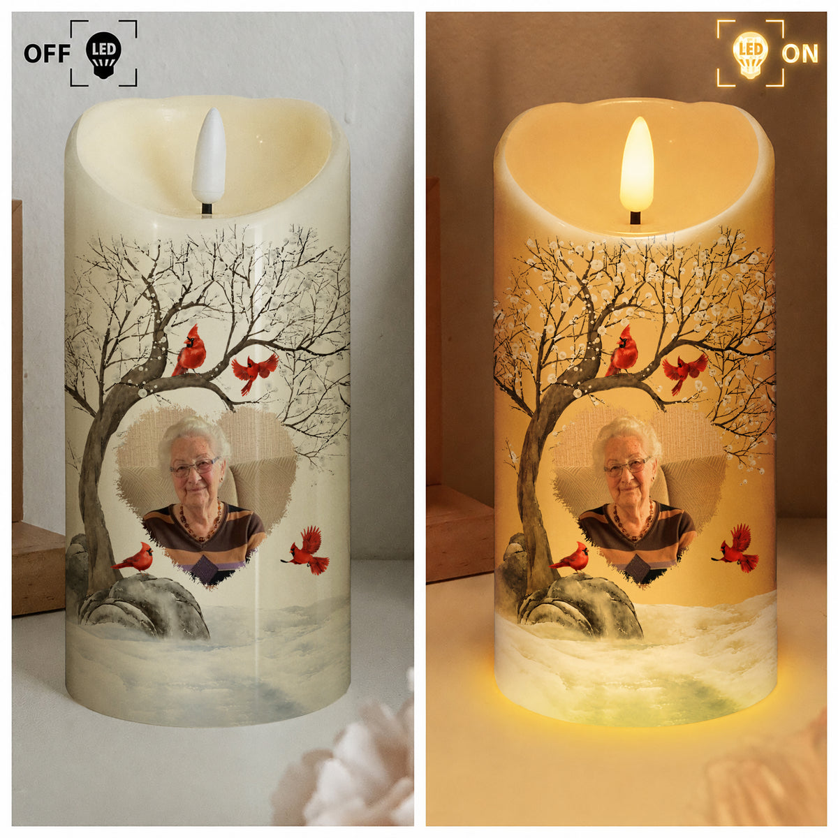 Personalisierte LED-Grabkerze – „Der Moment, in dem dein Herz stehen blieb“, mit Kardinalvogel-Foto und Datum, Geschenk für Großeltern