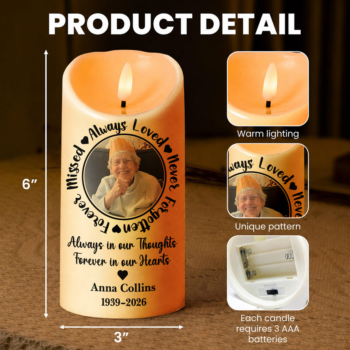 Personalized Memorial LED Candle – Always Loved Never Forgotten Forever Missed Custom Photo Name Gift