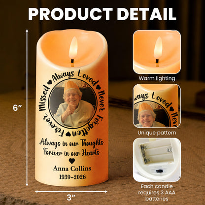 Personalized Memorial LED Candle – Always Loved Never Forgotten Forever Missed Custom Photo Name Gift