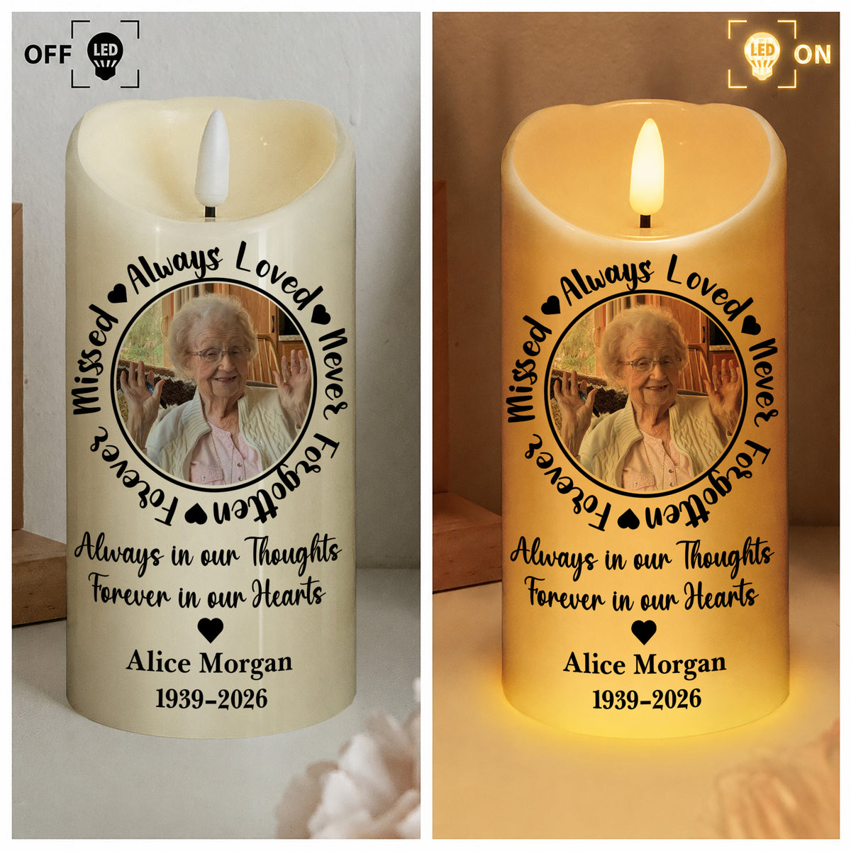 Personalized Memorial LED Candle – Always Loved Never Forgotten Forever Missed Custom Photo Name Gift