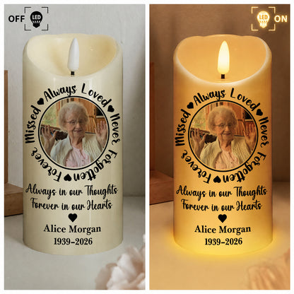 Personalized Memorial LED Candle – Always Loved Never Forgotten Forever Missed Custom Photo Name Gift