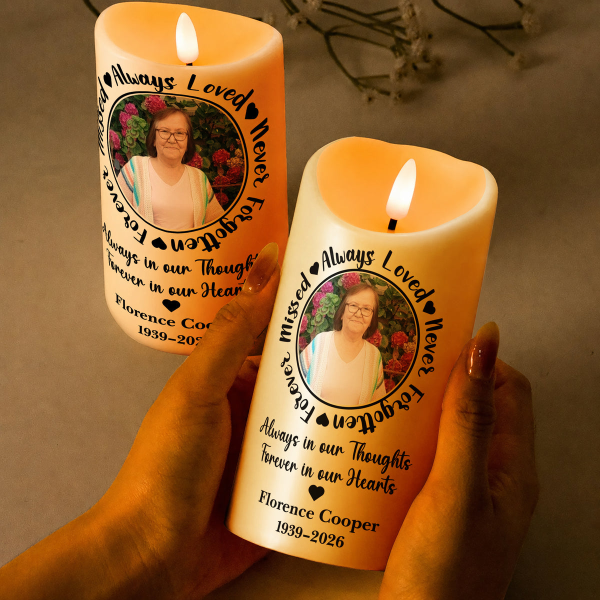 Personalized Memorial LED Candle – Always Loved Never Forgotten Forever Missed Custom Photo Name Gift