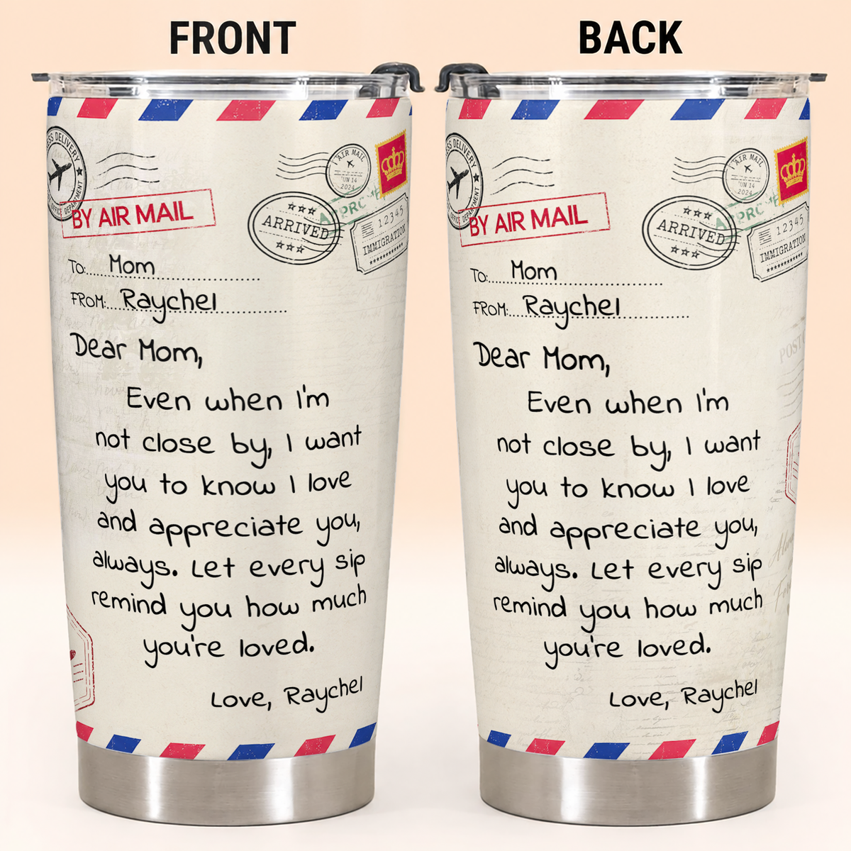 Personalized To My Mom Tumbler – Air Mail Letter Even When I'm Not Close By Consider It A Big Hug Custom Names Gift For Mom