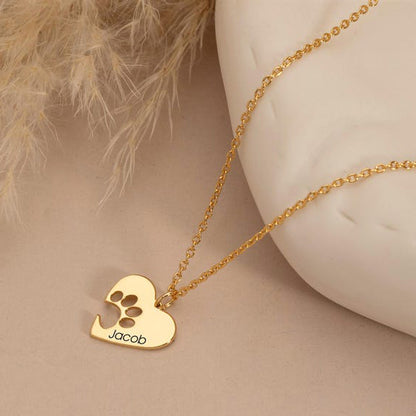 Personalized Dog Paw Heart Necklace, Custom Pet Name Necklace for Dog Lovers