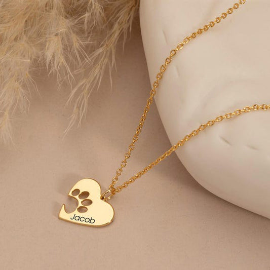 Personalized Dog Paw Heart Necklace, Custom Pet Name Necklace for Dog Lovers