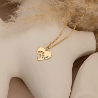 Personalized Dog Paw Heart Necklace, Custom Pet Name Necklace for Dog Lovers