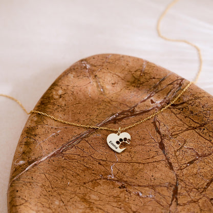 Personalized Dog Paw Heart Necklace, Custom Pet Name Necklace for Dog Lovers