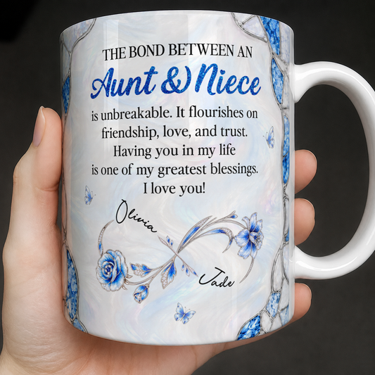 Personalized Aunt & Niece Ceramic Mug – Blue Floral Infinity Bond Is Unbreakable Greatest Blessings Custom Names Gift For Niece