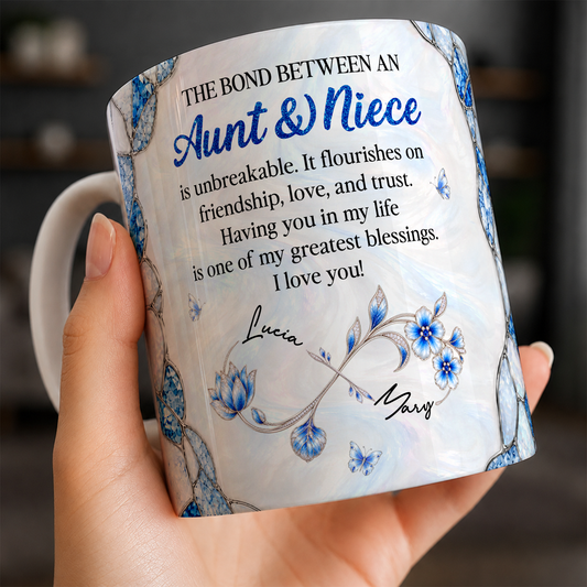 Personalized Aunt & Niece Ceramic Mug – Blue Floral Infinity Bond Is Unbreakable Greatest Blessings Custom Names Gift For Niece
