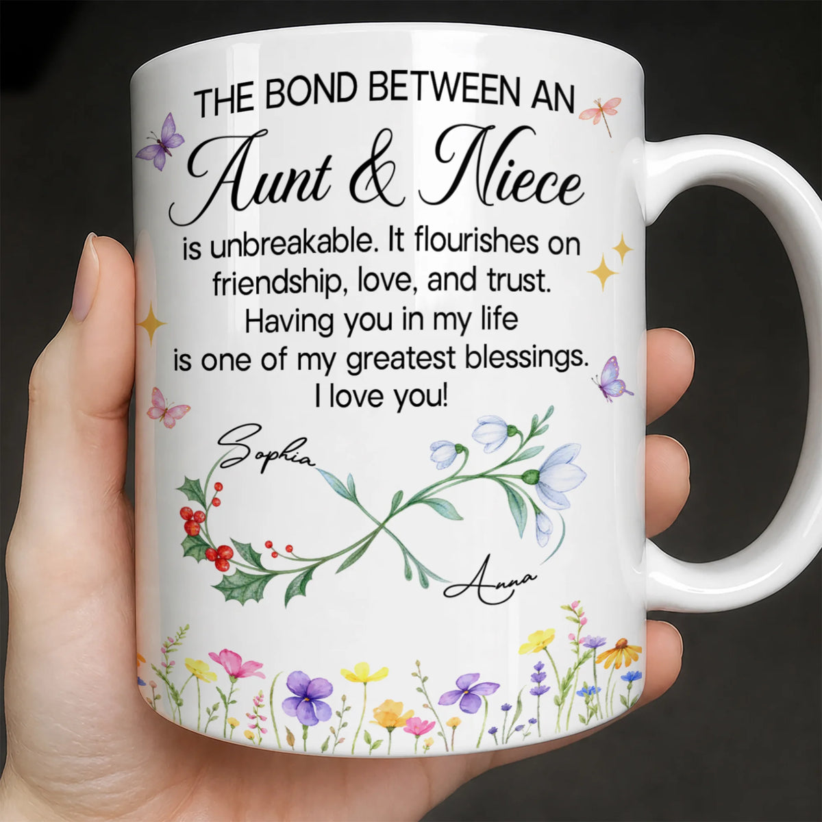 Personalized Aunt & Niece Ceramic Mug – Wildflower Infinity Bond Is Unbreakable Custom Names Heartfelt Gift For Aunt