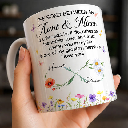 Personalized Aunt & Niece Ceramic Mug – Wildflower Infinity Bond Is Unbreakable Custom Names Heartfelt Gift For Aunt