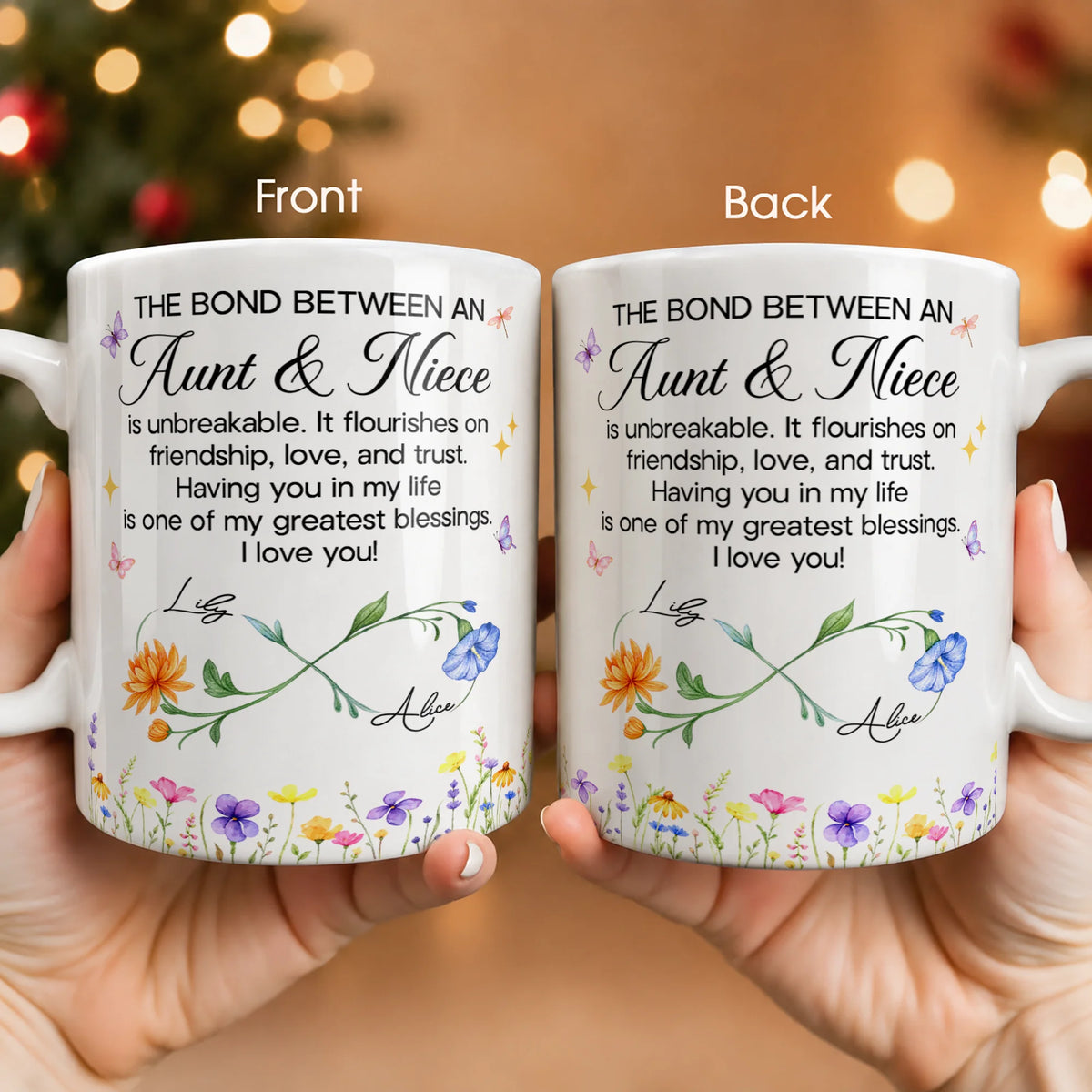 Personalized Aunt & Niece Ceramic Mug – Wildflower Infinity Bond Is Unbreakable Custom Names Heartfelt Gift For Aunt