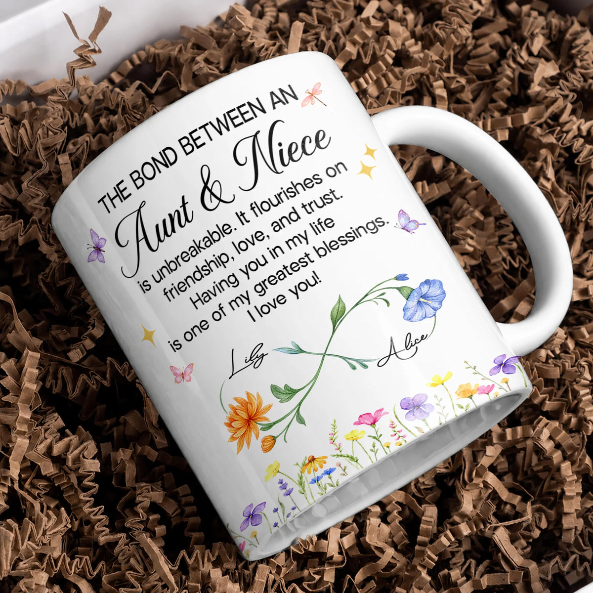 Personalized Aunt & Niece Ceramic Mug – Wildflower Infinity Bond Is Unbreakable Custom Names Heartfelt Gift For Aunt