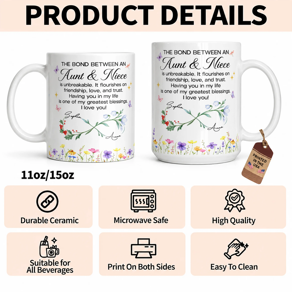 Personalized Aunt & Niece Ceramic Mug – Wildflower Infinity Bond Is Unbreakable Custom Names Heartfelt Gift For Aunt