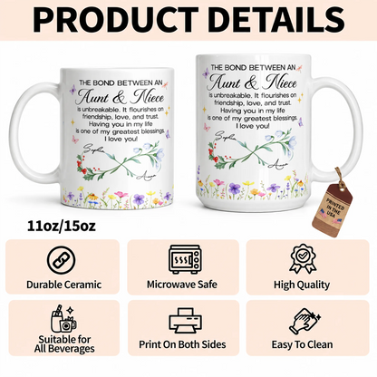 Personalized Aunt & Niece Ceramic Mug – Wildflower Infinity Bond Is Unbreakable Custom Names Heartfelt Gift For Aunt