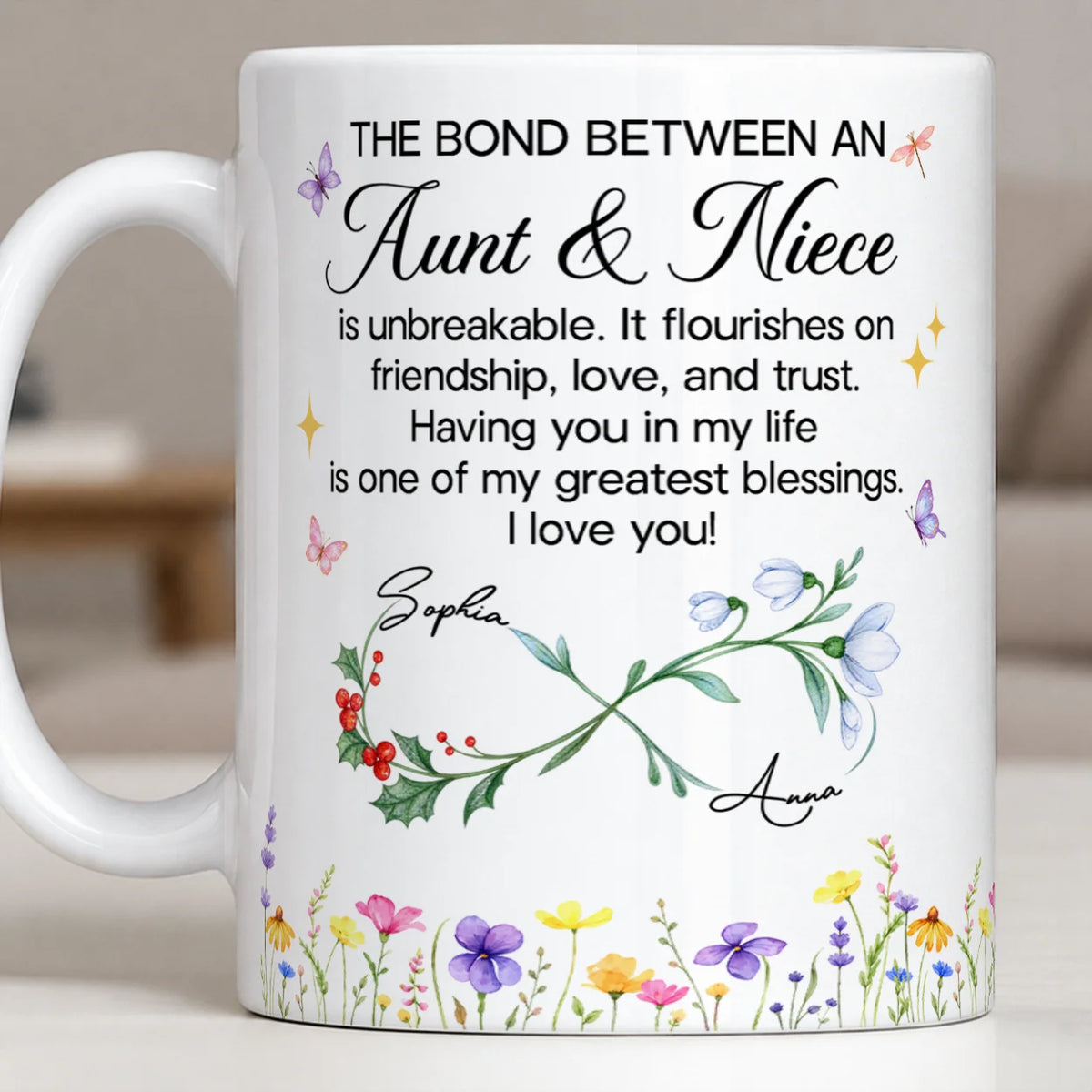 Personalized Aunt & Niece Ceramic Mug – Wildflower Infinity Bond Is Unbreakable Custom Names Heartfelt Gift For Aunt