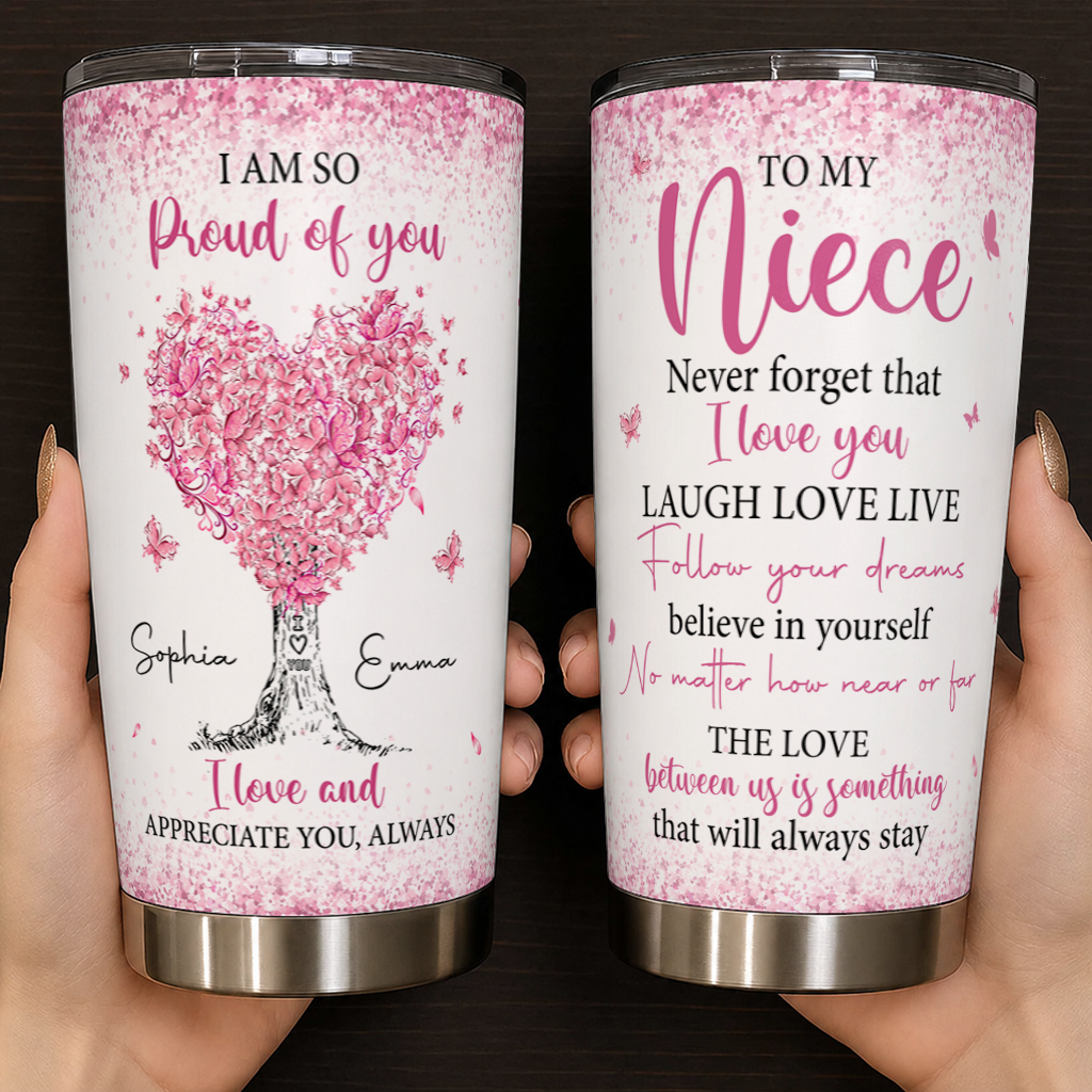 Personalized To My Niece 20oz Premium Stainless Steel Tumbler – Pink Heart Tree Custom Names Gift For Niece
