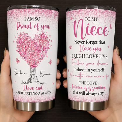 Personalized To My Niece 20oz Premium Stainless Steel Tumbler – Pink Heart Tree Custom Names Gift For Niece