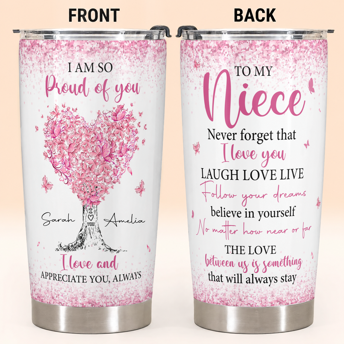 Personalized To My Niece 20oz Premium Stainless Steel Tumbler – Pink Heart Tree Custom Names Gift For Niece