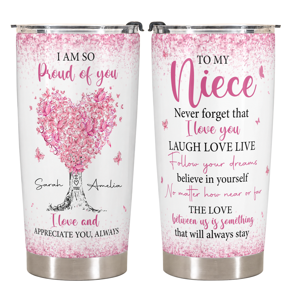 Personalized To My Niece 20oz Premium Stainless Steel Tumbler – Pink Heart Tree Custom Names Gift For Niece