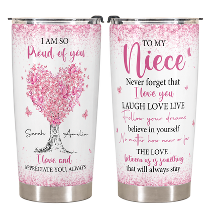 Personalized To My Niece 20oz Premium Stainless Steel Tumbler – Pink Heart Tree Custom Names Gift For Niece