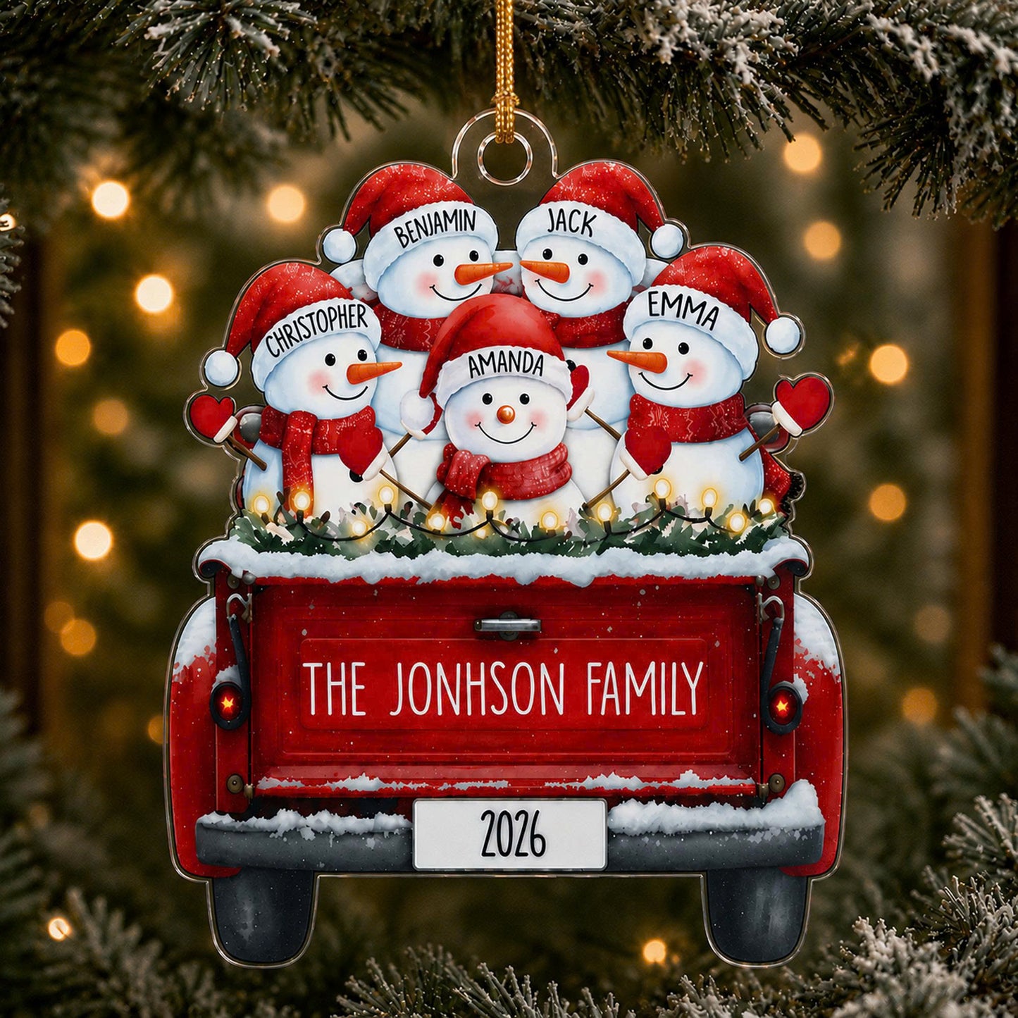 Personalized Snowman Family Custom-Shaped Acrylic Christmas Ornament – Custom Family Names Keepsake Gift
