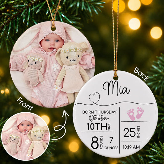 Personalized Baby Birth Stats Photo Christmas Ceramic Ornament – Newborn Keepsake Gift