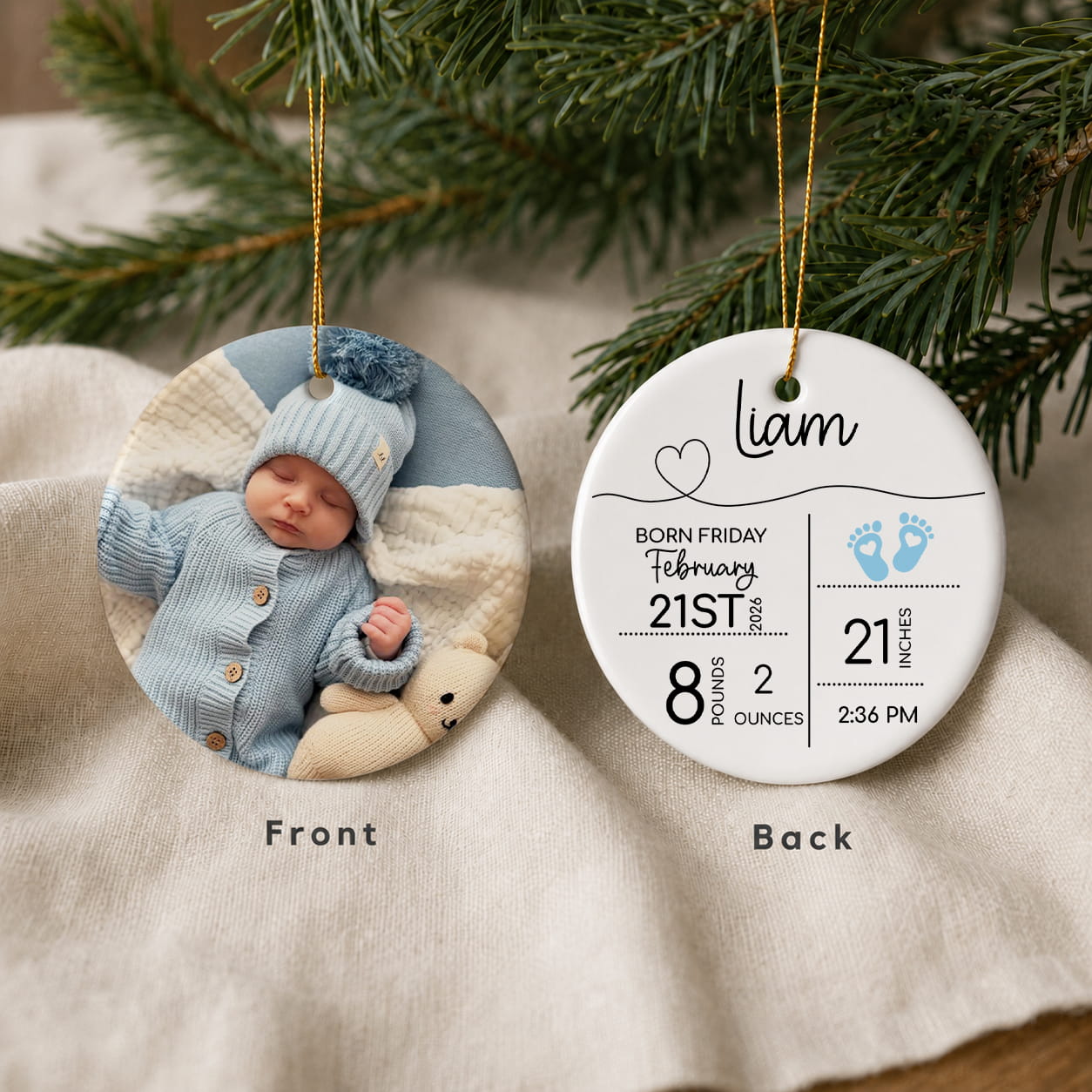 Personalized Baby Birth Stats Photo Christmas Ceramic Ornament – Newborn Keepsake Gift