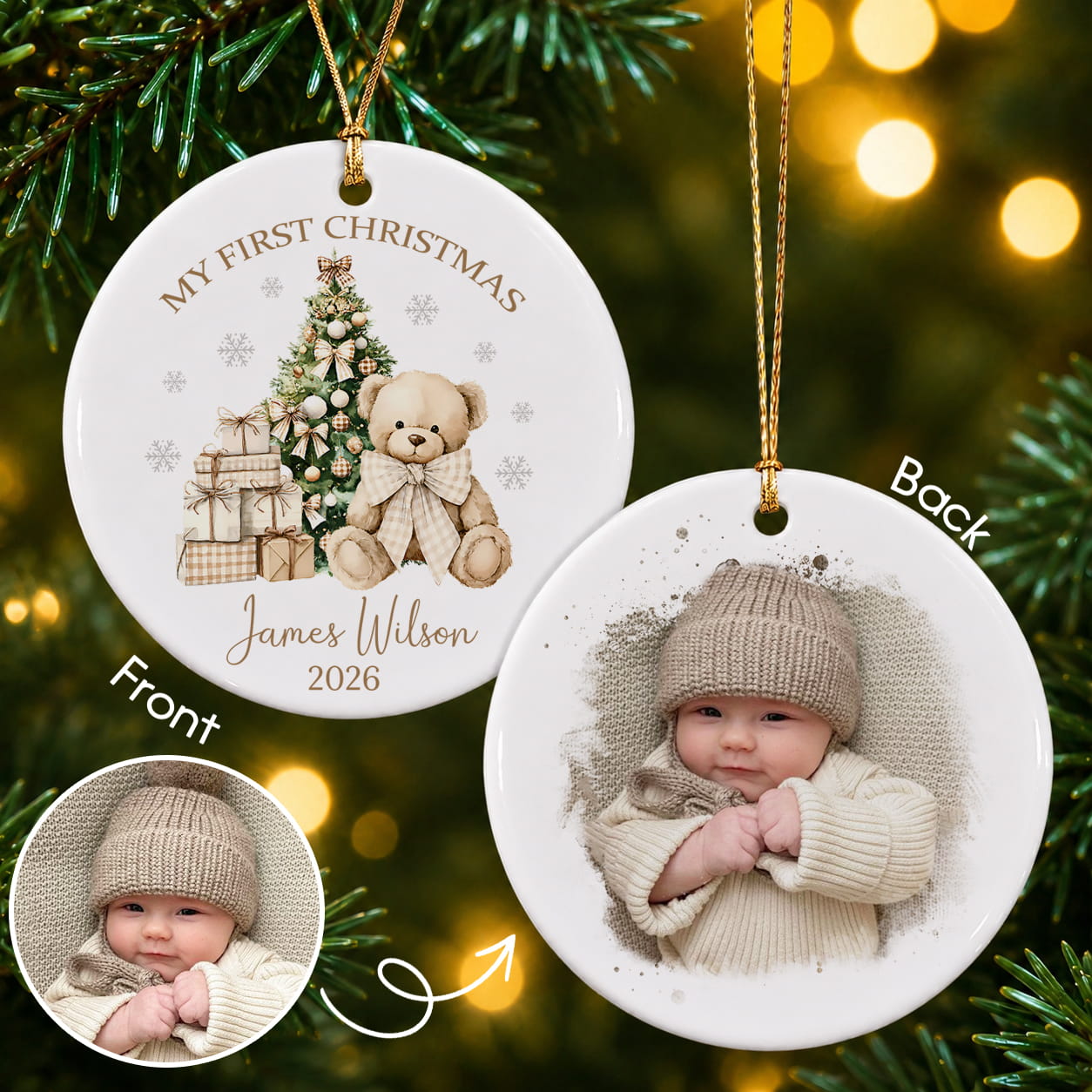 Personalized Baby First Christmas Ornament – Custom Photo Name Ceramic Keepsake Gift