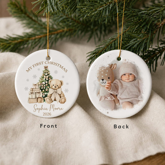 Personalized Baby First Christmas Ornament – Custom Photo Name Ceramic Keepsake Gift