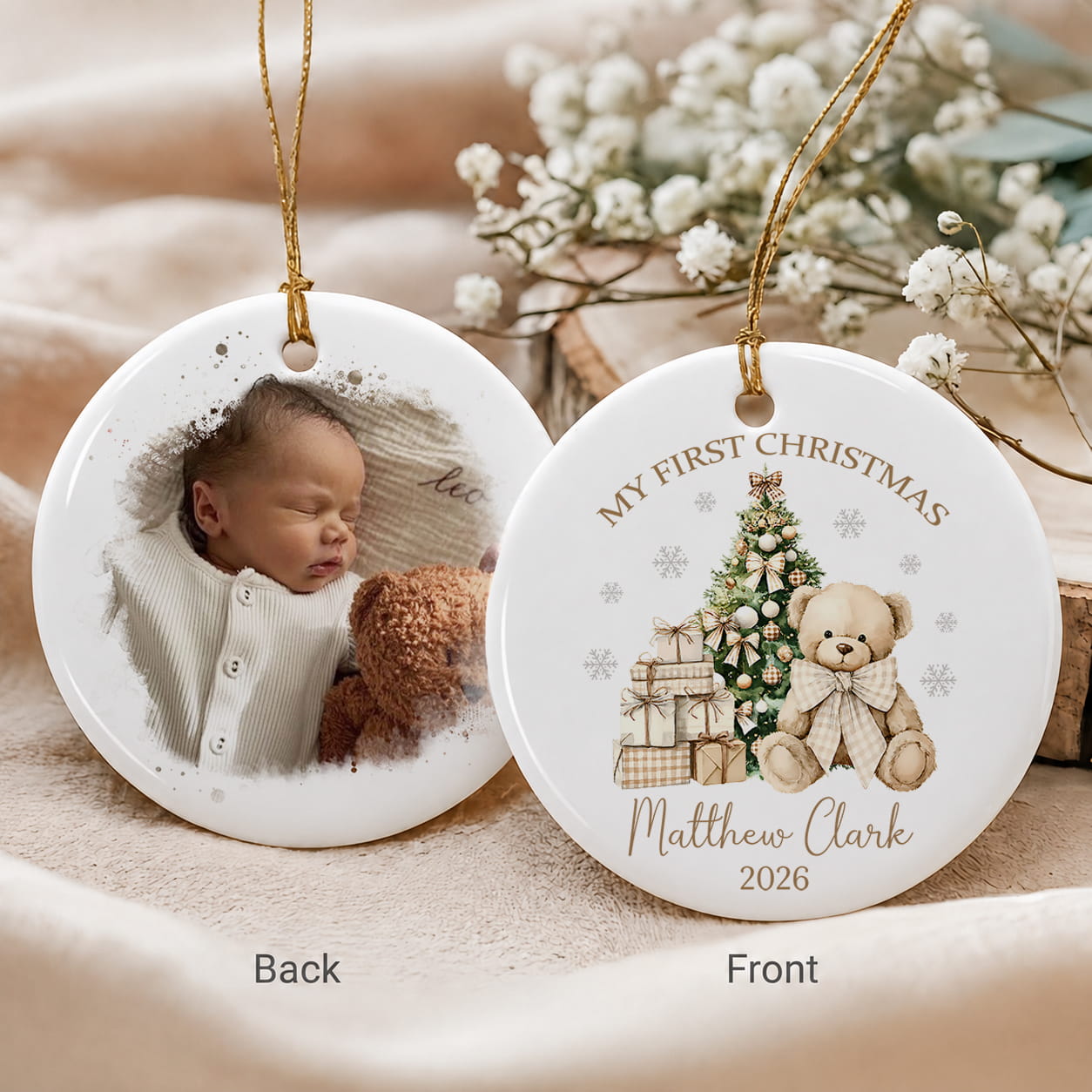 Personalized Baby First Christmas Ornament – Custom Photo Name Ceramic Keepsake Gift